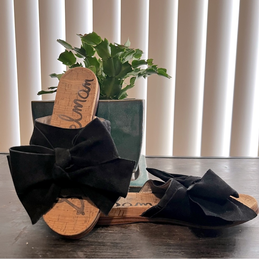 Sam Edelman Women's Black Bow Slide Sandals Cork Leather Classic Preppy Summer 6